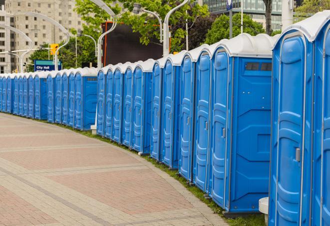 a line of portable restrooms set up for a wedding or special event, ensuring guests have access to comfortable and clean facilities throughout the duration of the celebration in Alexander, AR